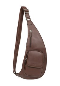 Borsa a tracolla in pelle marrone con una texture liscia, dotata di un compartimento principale con zip, tracolla regolabile e una tasca frontale.