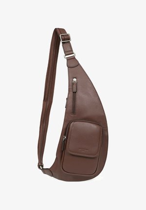Borsa a tracolla in pelle marrone con una texture liscia, dotata di un compartimento principale con zip, tracolla regolabile e una tasca frontale.