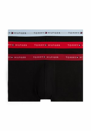 Boxer in cotone nero con bande elastiche blu chiaro, rosse e grigie, con il logo "TOMMY HILFIGER" su ogni banda.
