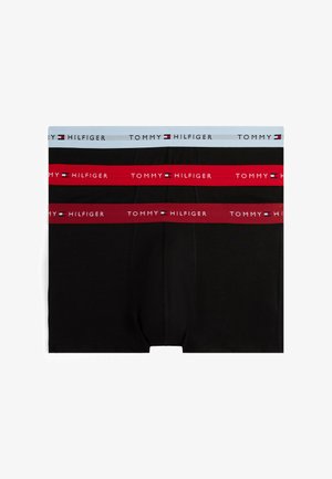 Boxer in cotone nero con bande elastiche blu chiaro, rosse e grigie, con il logo "TOMMY HILFIGER" su ogni banda.