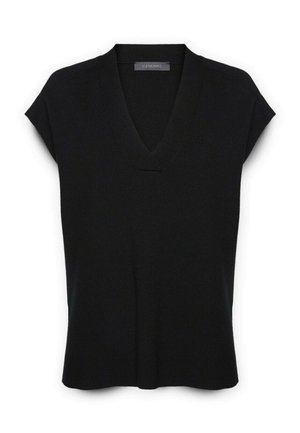 Schwarzes T-Shirt mit kurzen Ärmeln aus Strickmaterial, mit einem tiefen V-Ausschnitt und einfacher Silhouette ohne zusätzliche Muster oder Verzierungen.