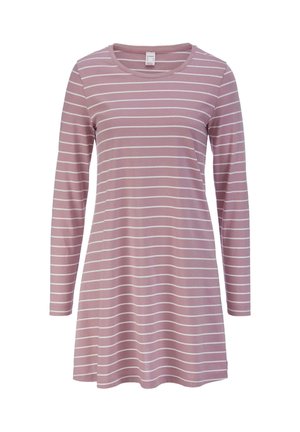 Langärmliges Kleid aus weichem pinkfarbenem Stoff mit weißen horizontalen Streifen. Verfügt über einen runden Ausschnitt und eine lockere A-Linie Silhouette.