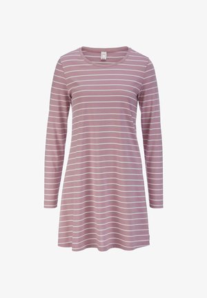 Langärmliges Kleid aus weichem pinkfarbenem Stoff mit weißen horizontalen Streifen. Verfügt über einen runden Ausschnitt und eine lockere A-Linie Silhouette.
