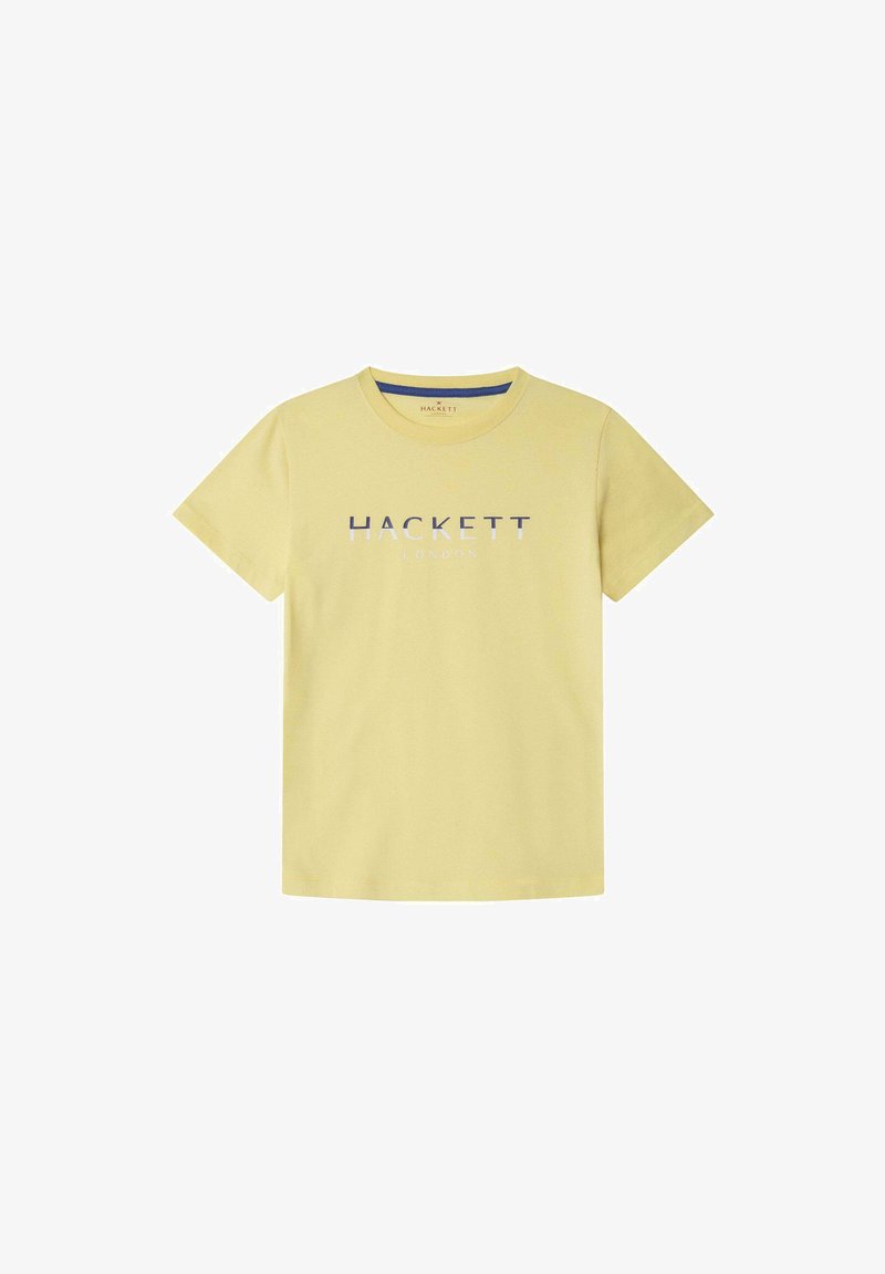 Gul bomulds T-shirt med rund hals og korte ærmer. Forsiden viser teksten "HACKETT LONDON" i marineblå og hvid.