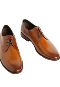 Chaussures habillées en cuir marron avec une finition lisse, un bout pointu et trois œillets pour les lacets. Le design inclut des accents de couture subtils.