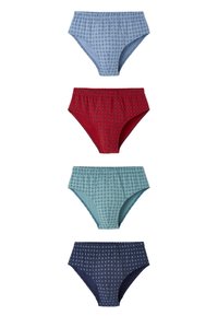 Cuatro pares de ropa interior femenina de alta cintura: azul claro con un patrón de diamantes, rojo con lunares, azul verdoso con un patrón de diamantes y azul marino.