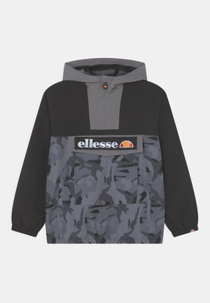 Lichte grijze en zwarte hooded jas met een halve ritssluiting, camouflagepatroon, borstzak en geborduurd logo. Elastische manchetten en zoom.