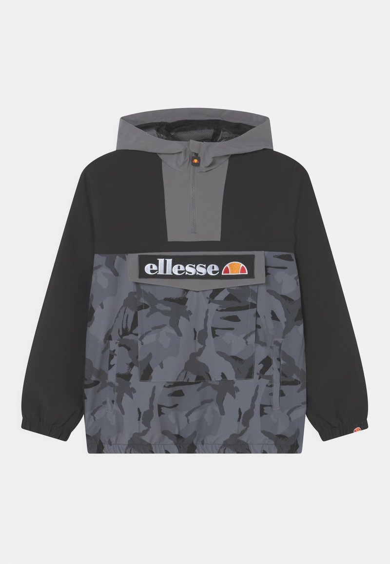 Veste à capuche légère grise et noire avec une demi-fermeture éclair, motif camouflage, poche poitrine et logo brodé. Manches et ourlet élastiques.