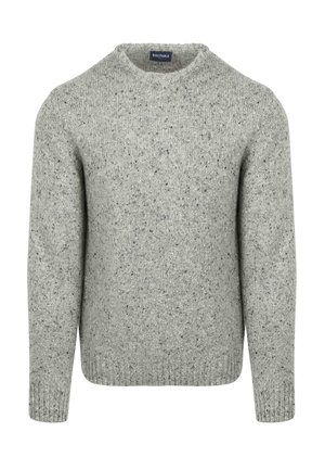 Grijze gebreide trui met een ronde hals, een gestructureerde afwerking en een gespetterd patroon. Geribbelde manchetten en zoomdetail. Geschikt voor casual dragen.