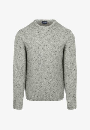 Grijze gebreide trui met een ronde hals, een gestructureerde afwerking en een gespetterd patroon. Geribbelde manchetten en zoomdetail. Geschikt voor casual dragen.