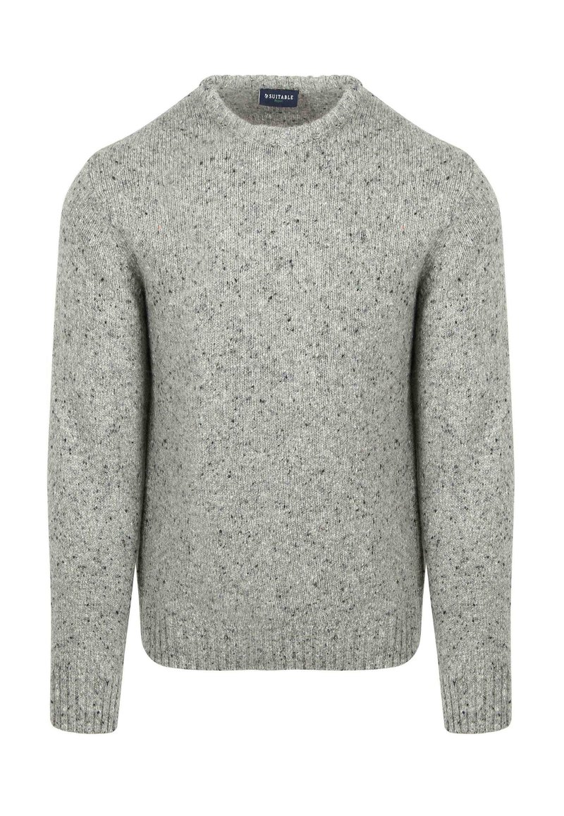 Gray knit sweater with a round neckline, textured finish, and speckled pattern. Ribbed cuffs and hem detail. Suitable for casual wear.