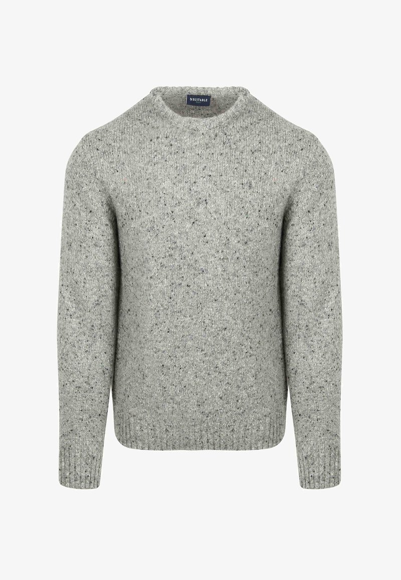 Gray knit sweater with a round neckline, textured finish, and speckled pattern. Ribbed cuffs and hem detail. Suitable for casual wear.