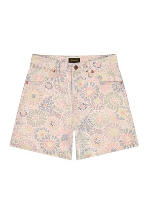 Ψηλόμεσα κοντά τζιν σορτς με παστέλ λουλουδάτο σχέδιο σε ροζ, κίτρινο και μωβ, με εμπρόσθιες τσέπες και κούμπωμα με κουμπί.