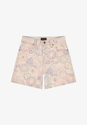 Denimshorts med høj talje og pastelfarvet blomstermønster i pink, gul og lilla, med forlommer og lukning med knapper.
