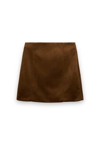 Brauner Wildleder-Minirock mit glatter Textur, geradem Schnitt und klaren Linien. Ohne sichtbare Beschläge oder Muster.