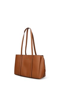 Borsa tote marrone in similpelle con due manici lunghi, forma rettangolare, finitura testurizzata e un logo discreto sulla parte frontale.