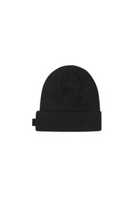 Beanie en tricot noir avec un revers, texture lisse, sommet arrondi et une petite étiquette sur le côté. Design à la fois élégant et fonctionnel pour la chaleur.