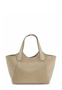 Borsa tote in suede beige con dettagli in pelle liscia, texture morbida, apertura ampia e doppi manici a spalla. Presenta un marchio discreto sulla parte anteriore.