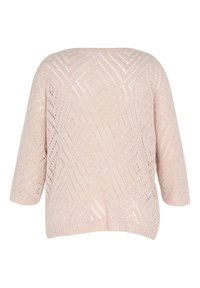 Pull tricoté rose clair à coupe ample, présentant un motif en losange texturé et des manches 3/4. Matière lisse et respirante.