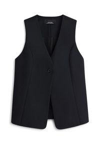 Czarna bezrękawnik o dekolcie w serek, z pojedynczym zapięciem na guzik i gładkiego materiału, z dopasowanym krojem i starannie wykończonymi szwami.