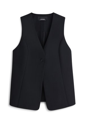 Czarna bezrękawnik o dekolcie w serek, z pojedynczym zapięciem na guzik i gładkiego materiału, z dopasowanym krojem i starannie wykończonymi szwami.