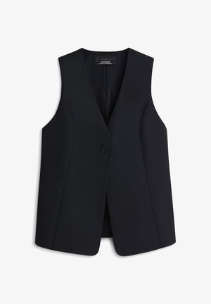 Czarna bezrękawnik o dekolcie w serek, z pojedynczym zapięciem na guzik i gładkiego materiału, z dopasowanym krojem i starannie wykończonymi szwami.