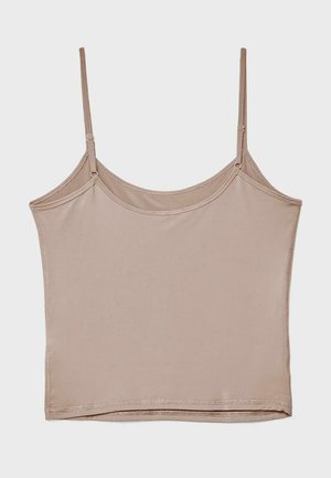 Béžový krátky tielkový top bez rukávov s tenkými nastaviteľnými ramienkami a rovný výstrih.