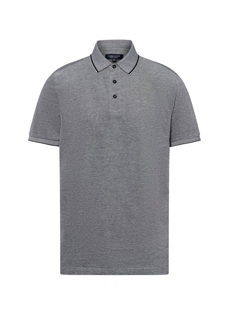 Graues Poloshirt mit kurzen Ärmeln, zwei-Knopf-Leiste und schwarzem Besatz am Kragen und an den Ärmeln. Strukturiertes Gewebe mit einem dezenten Muster.