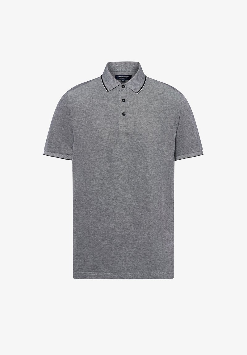 Graues Poloshirt mit kurzen Ärmeln, zwei-Knopf-Leiste und schwarzem Besatz am Kragen und an den Ärmeln. Strukturiertes Gewebe mit einem dezenten Muster.