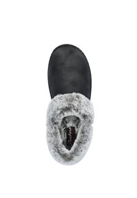 Zwarte slipper met een zachte grijze faux fur voering en afwerking. Het ontwerp is instapbaar met een gladde buitenkant en zichtbare merkbranding.