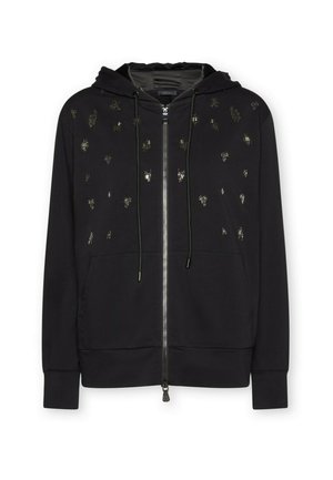 Felpa con cappuccio nera con chiusura lampo, con applicazioni metalliche tonali sulla parte anteriore, tasche a marsupio e polsini e orlo a coste.