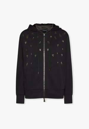 Felpa con cappuccio nera con chiusura lampo, con applicazioni metalliche tonali sulla parte anteriore, tasche a marsupio e polsini e orlo a coste.