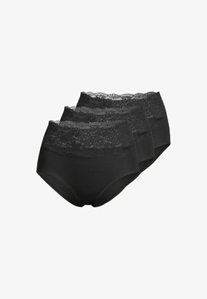 Tre mutande femminili nere a vita alta con pizzi sulla vita, impilate leggermente sovrapposte, su uno sfondo bianco.