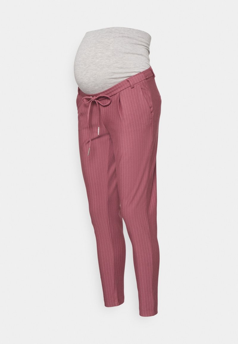 Pantalons de maternité rose à rayures, avec une ceinture grise extensible, un cordon de serrage ajustable et des jambes fuselées. Texture lisse.
