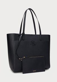 Black leather tote bag with textured finish, featuring dual handles, a front logo, and a detachable matching pouch with gold zipper.