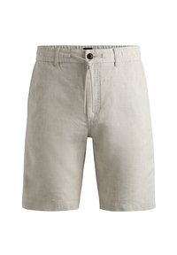 Shorts in lino grigio chiaro con vita a cordoncino e chiusura con bottone. Caratterizzati da cuciture semplici e tasche laterali. Di lunghezza corta.
