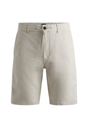 Shorts in lino grigio chiaro con vita a cordoncino e chiusura con bottone. Caratterizzati da cuciture semplici e tasche laterali. Di lunghezza corta.