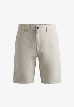 Shorts in lino grigio chiaro con vita a cordoncino e chiusura con bottone. Caratterizzati da cuciture semplici e tasche laterali. Di lunghezza corta.