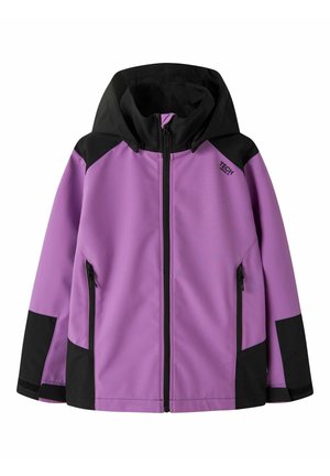 Veste softshell à capuche violette et noire avec fermeture éclair frontale, poches latérales zippées et logo "TECH" sur la poitrine.