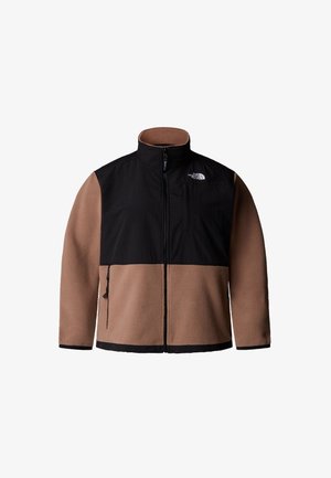 Fleecejacke mit braunem unteren Bereich und schwarzem oberen Bereich. Hoher Kragen, Frontreißverschluss und eine Brusttasche. Weiche Textur, lässiges Design.