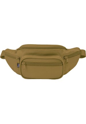Fanny pack made of textured fabric, in khaki color, features two front zippered pockets, and adjustable strap for secure fit.