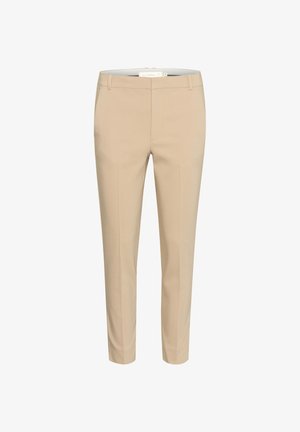 Beige op maat gemaakte broeken van glad stof, met een slanke pasvorm, een vlakke voorkant en zijzakken voor een strakke silhouet.