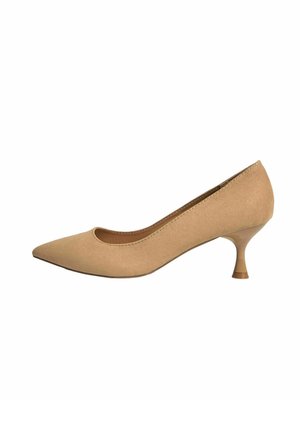 Beige korkeakorkoiset kengät mokkanahasta, joissa on terävä kärki ja keskikorkea kartiomainen korko. Suora pinta ja yksinkertainen, klassinen muotoilu.