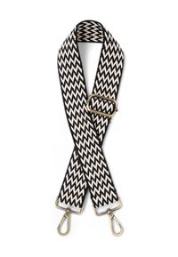Wovenes Taschenband im Schwarz-Weiß-Zickzackdesign. Verfügt über goldfarbene Beschläge und Clips an beiden Enden. Strapazierfähige Stoffstruktur.