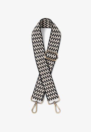 Wovenes Taschenband im Schwarz-Weiß-Zickzackdesign. Verfügt über goldfarbene Beschläge und Clips an beiden Enden. Strapazierfähige Stoffstruktur.