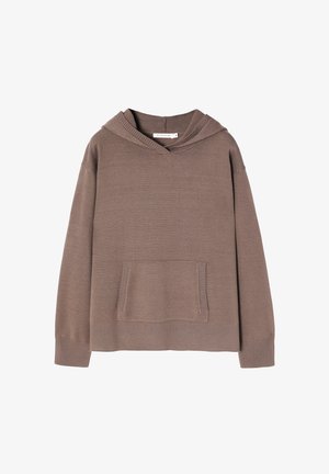 Brown knit hoodie with ribbed accents, a front pocket, and a relaxed fit. Features a hood and a subtle textured finish.