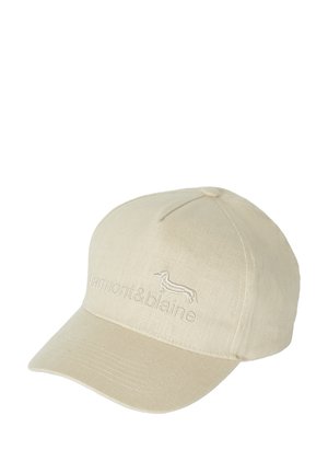 Beige katoenen pet met een gebogen rand, voorzien van een geborduurd logo en een teckelontwerp. Smooth textuur, eenvoudig ontwerp en verstelbare band.