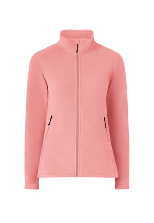 Chaqueta de forro polar en rosa suave con cremallera completa en el frente, cuello alto y dos bolsillos laterales con cremallera.