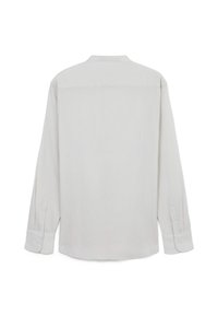 Hellgraues Langarmshirt aus einem weichen, strukturierten Stoff. Verfügt über einen kragenartigen Ausschnitt, Knopfmanschetten und einen geraden Schnitt mit minimalistischem Design.