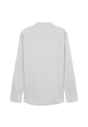 Camicia a maniche lunghe grigio chiaro realizzata in tessuto texturizzato. Presenta un colletto, polsini con bottoni e un design posteriore dritto senza decorazioni visibili.